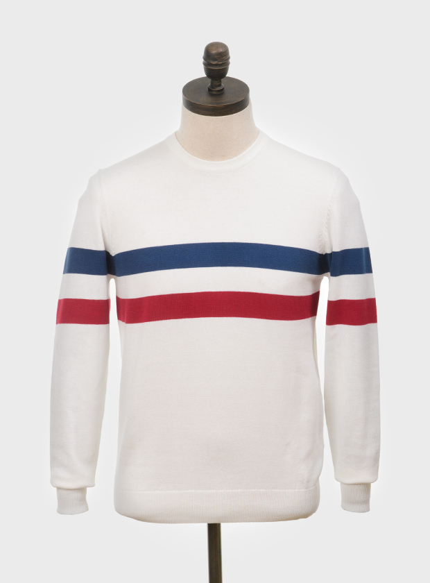 Art Gallery Clothing sixties mod style knitwear SCENE classic Off white, crew neck pullover with blue & red horizontal placed stripes on body front, back & sleeves.