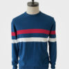 ART GALLERY CLOTHING MOD STYLE KNITWEAR Sailor Blue, crew neck pullover with red & off white horizontal placed stripes on body front, back & sleeves.