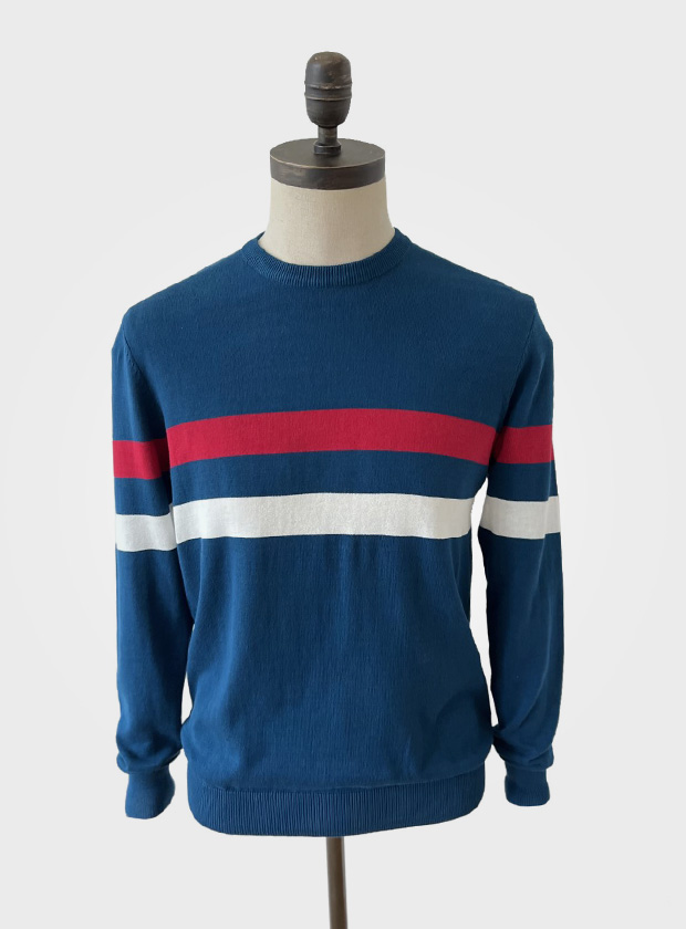 ART GALLERY CLOTHING MOD STYLE KNITWEAR Sailor Blue, crew neck pullover with red & off white horizontal placed stripes on body front, back & sleeves.
