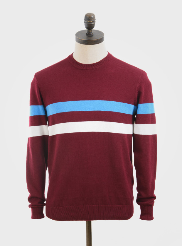 ART GALLERY CLOTHING SIXTIES MOD STYLE KNITWEAR SCENE Wine, crew neck pullover with ibiza blue & off white horizontal placed stripes on body front, back & sleeves.