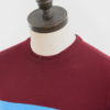 ART GALLERY CLOTHING SIXTIES MOD STYLE KNITWEAR SCENE Wine, crew neck pullover with ibiza blue & off white horizontal placed stripes on body front, back & sleeves.
