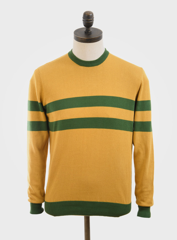 ART GALLERY CLOTHING SIXTIES MOD STYLE KNITWEAR SCENE Mustard, knitted crew neck pullover with isle green horizontal placed stripes on body front, back & sleeves & isle green contrast neck, cuffs & waistband.