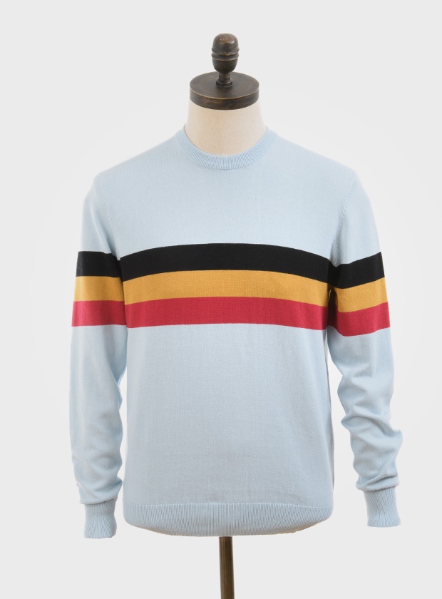 ART GALLERY CLOTHING SIXTIES MOD STYLE KNITWEAR SCENE Sky blue, knitted crew neck pullover with black, mustard & red horizontal placed stripes on body front, back & sleeves.