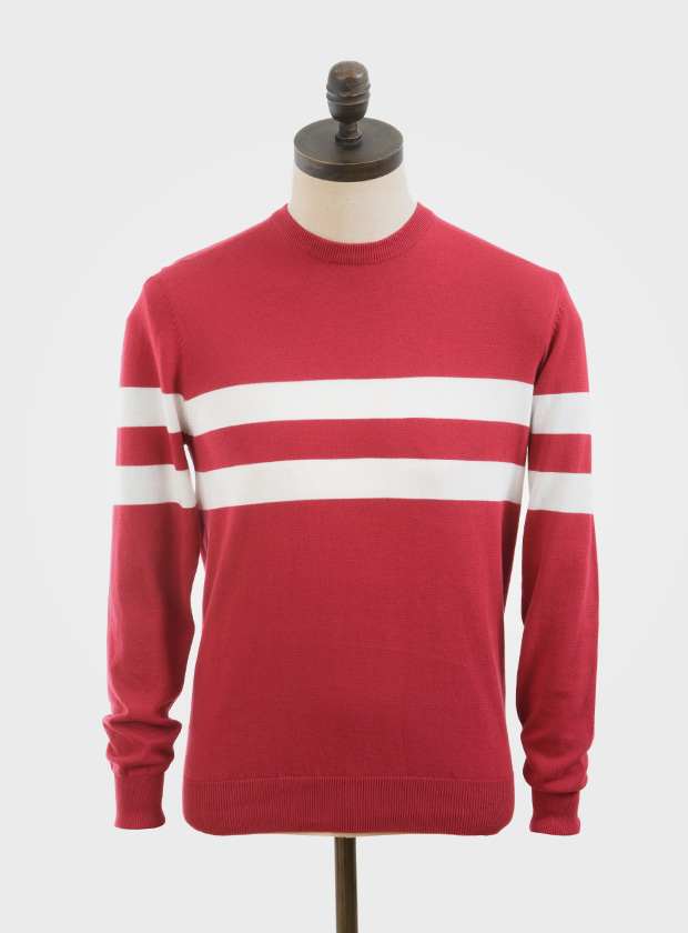 ART GALLERY CLOTHING SIXTIES MOD KNITWEAR SCENE Red, crew neck pullover with off white horizontal placed stripes on body front, back & sleeves.