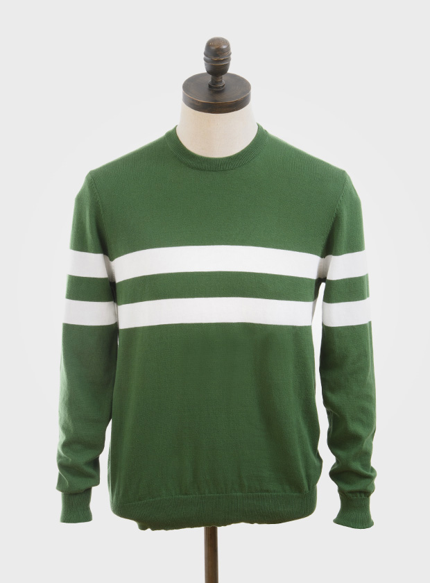 ART GALLERY CLOTHING SIXTIES MOD STYLE KNITWEAR SCENE Isle green, crew neck pullover with off white horizontal placed stripes on body front, back & sleeves.