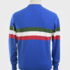 ART GALLERY CLOTHING SIXTIES STYLE KNITWEAR SCENE Azzurri blue, crew neck pullover with isle green, off white & red horizontal placed stripes on body front, back & sleeves.