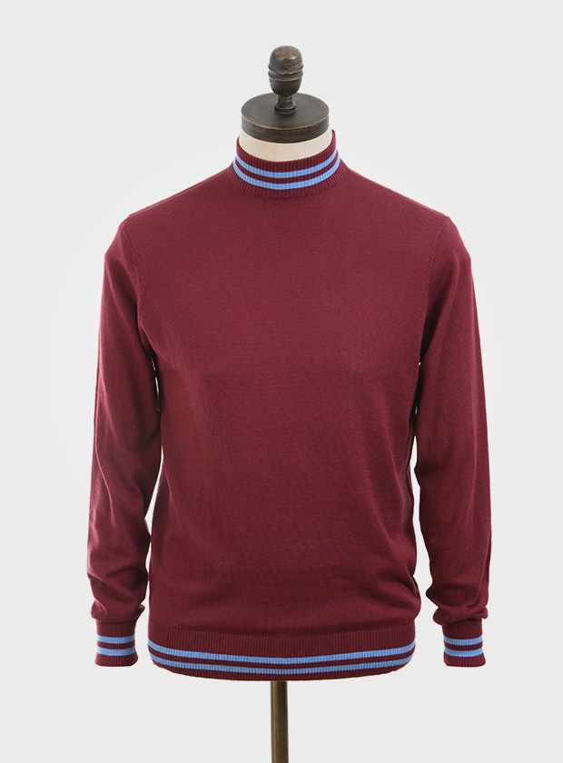 ART GALLERY CLOTHING SIXTIES MOD STYLE HAYE Wine, knitted turtle neck pullover with double sky blue tipping on neck, cuffs & waistband.