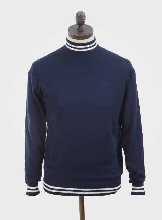 ART GALLERY CLOTHING SIXTIES MOD STYLE KNITWEAR HAYE Navy blue, knitted turtle neck pullover with double off white tipping on neck, cuffs & waistband.