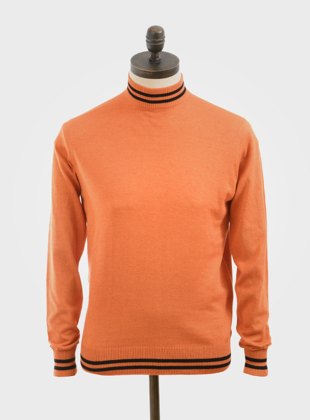 ART GALLERY CLOTHING SIXTIES MOD STYLE KNITWEAR Burnt orange, knitted turtle neck pullover with double black tipping on neck, cuffs & waistband.