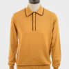 ART GALLERY CLOTHING MOD STYLE KNITWEAR ISLEY Mustard, long sleeved, three buttoned knitted polo shirt with ribbed front panel, navy blue & wine tipped collars, placket, cuffs & waistband