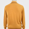 ART GALLERY CLOTHING MOD STYLE KNITWEAR ISLEY Mustard, long sleeved, three buttoned knitted polo shirt with ribbed front panel, navy blue & wine tipped collars, placket, cuffs & waistband