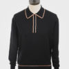 ART GALLERY CLOTHING MOD SIXTIES STYLE KNITWEAR ISLEY Black, long sleeved, three buttoned knitted polo shirt with ribbed front panel, orange & off white gold tipped collars, placket, cuffs & waistband