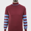 ART GALLERY CLOTHING SIXTIES MOD STYLE KNITWEAR JONES Wine, knitted roll neck pullover with sky blue tipping on neck & sky blue colour blocking on sleeves.