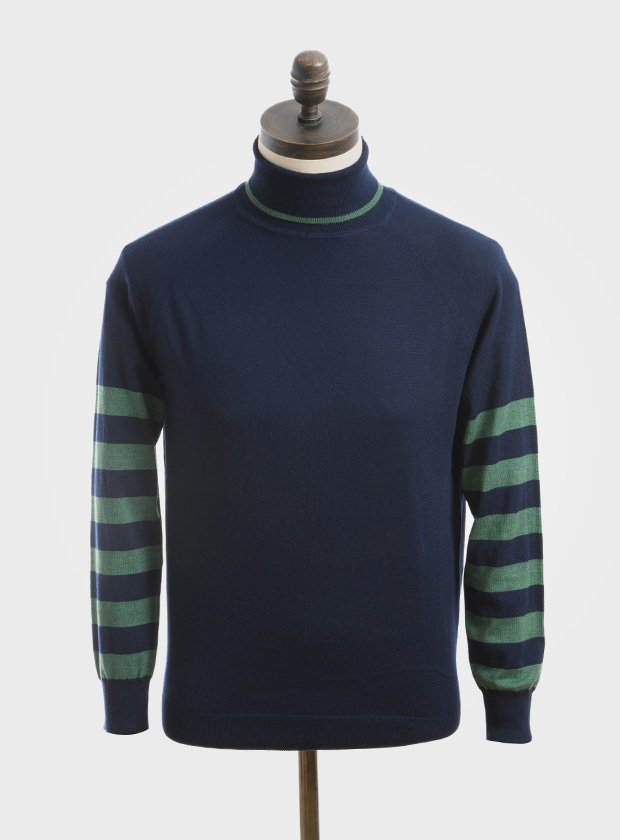 Art Gallery Clothing sixties mod style knitwear, the Jones in Navy Blue, knitted roll neck pullover with isle green tipping on neck & isle green colour blocking on sleeves.