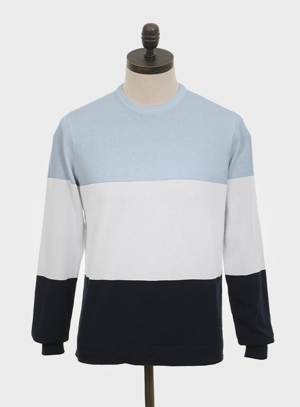ART GALLERY CLOTHING SIXTIES MOD STYLE KNITWEAR MAGIC Sky blue, crew neck pullover with off white & navy blue horizontal placed colour blocking on body front, back & sleeves.