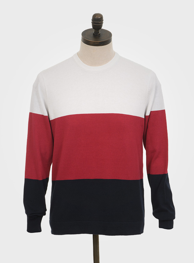 ART GALLERY CLOTHING SIXTIES MOD STYLE KNITWEAR MAGIC Off white, crew neck pullover with red & navy blue horizontal placed colour blocking on body front, back & sleeves.