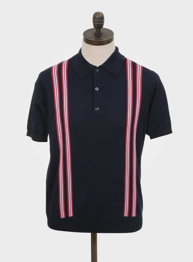 ART GALLERY CLOTHING SIXTIES MOD STYLE KNITWEAR LEIGH Navy blue, short sleeved, three buttoned knitted polo shirt with red & sky blue front body placed vertical stripes.