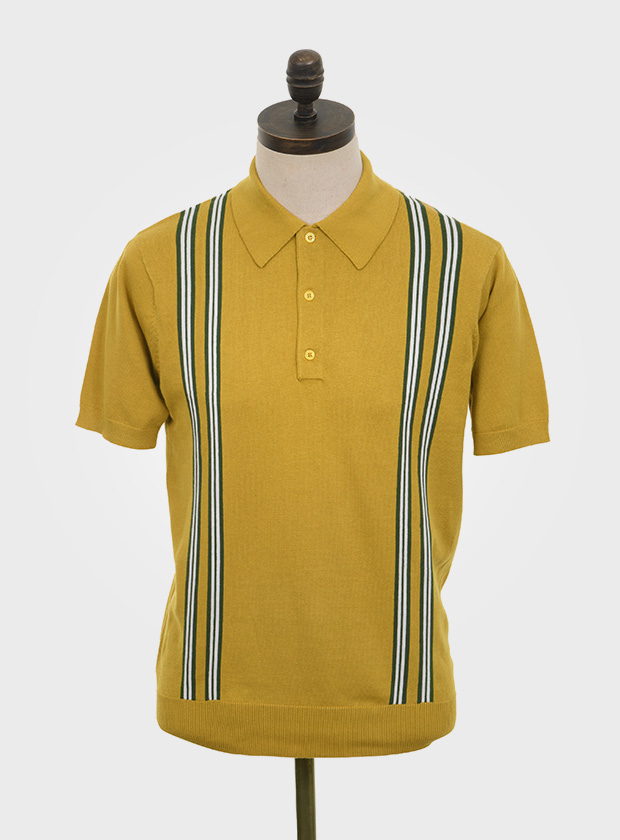 ART GALLERY CLOTHING SIXTIES MOD STYLE KNITWEAR LEIGH Mustard, short sleeved, three buttoned knitted polo shirt with isle green & off white front body placed vertical stripes.