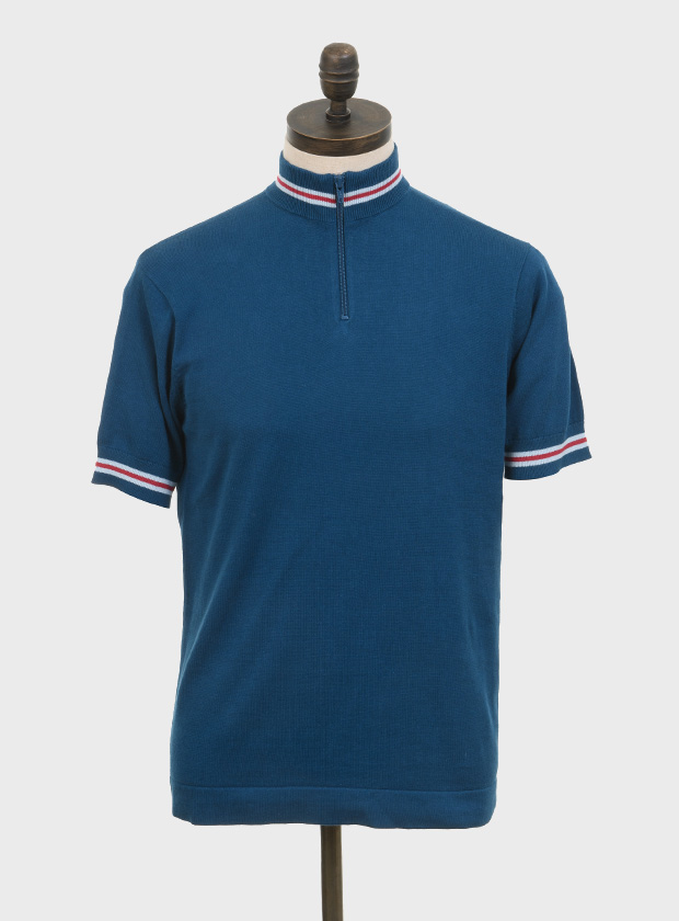 ART GALLERY CLOTHING SIXTIES MOD STYLE KNITWEAR HOBAN Sailor blue, short sleeved quarter zip knitted cycling style top with sky blue & red tipping on neck & cuffs.