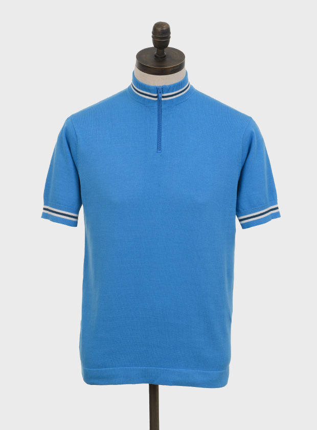 ART GALLERY CLOTHING SIXTIES MOD STYLE KNITWEAR HOBAN Ibiza blue, short sleeved quarter zip knitted cycling style top with off white & sailor blue tipping neck & cuffs.
