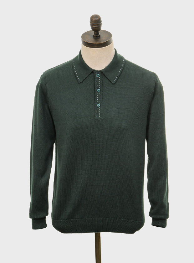 ART GALLERY CLOTHING SIXTIES MOD RETRO IVY STYLE KNITWEAR WHARTON Deep forest green, long sleeved, three buttoned knitted polo shirt with navy blue & off white saddle stitch on collar & placket. Fine gauge, retro style knitwear.