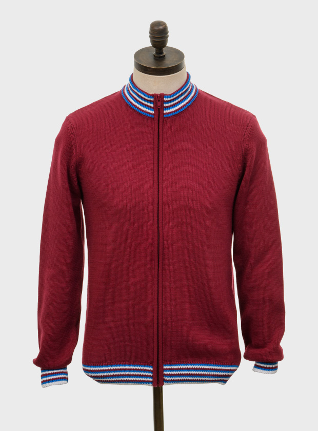 ART GALLERY CLOTHING SIXTIES MOD RETRO IVY STYLE KNITWEAR HOLMES Wine, zip through funnel neck cardigan with ibiza blue, wine & off white striped neck, cuffs & waistband. 7 gauge medium weight retro style knitwear.