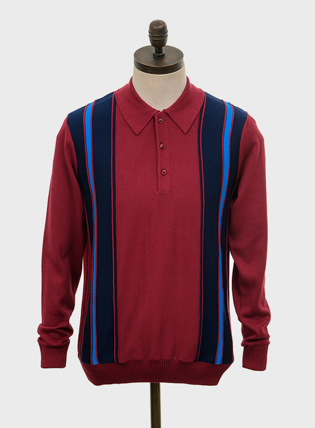 ART GALLERY CLOTHING SIXTIES MOD RETRO IVY STYLE KNITWEAR HOLMES Wine, long sleeved, three buttoned knitted polo shirt with textured wine, navy blue & ibiza blue stripes. Fine gauge, retro style knitwear.