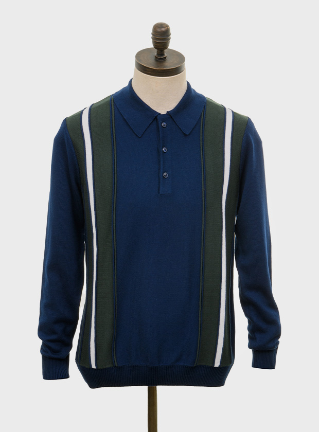 ART GALLERY CLOTHING SIXTIES MOD RETRO IVY STYLE KNITWEAR HOLMES Navy blue, long sleeved, three buttoned knitted polo shirt with textured navy blue, deep forest green & off white stripes. Fine gauge, retro style knitwear.